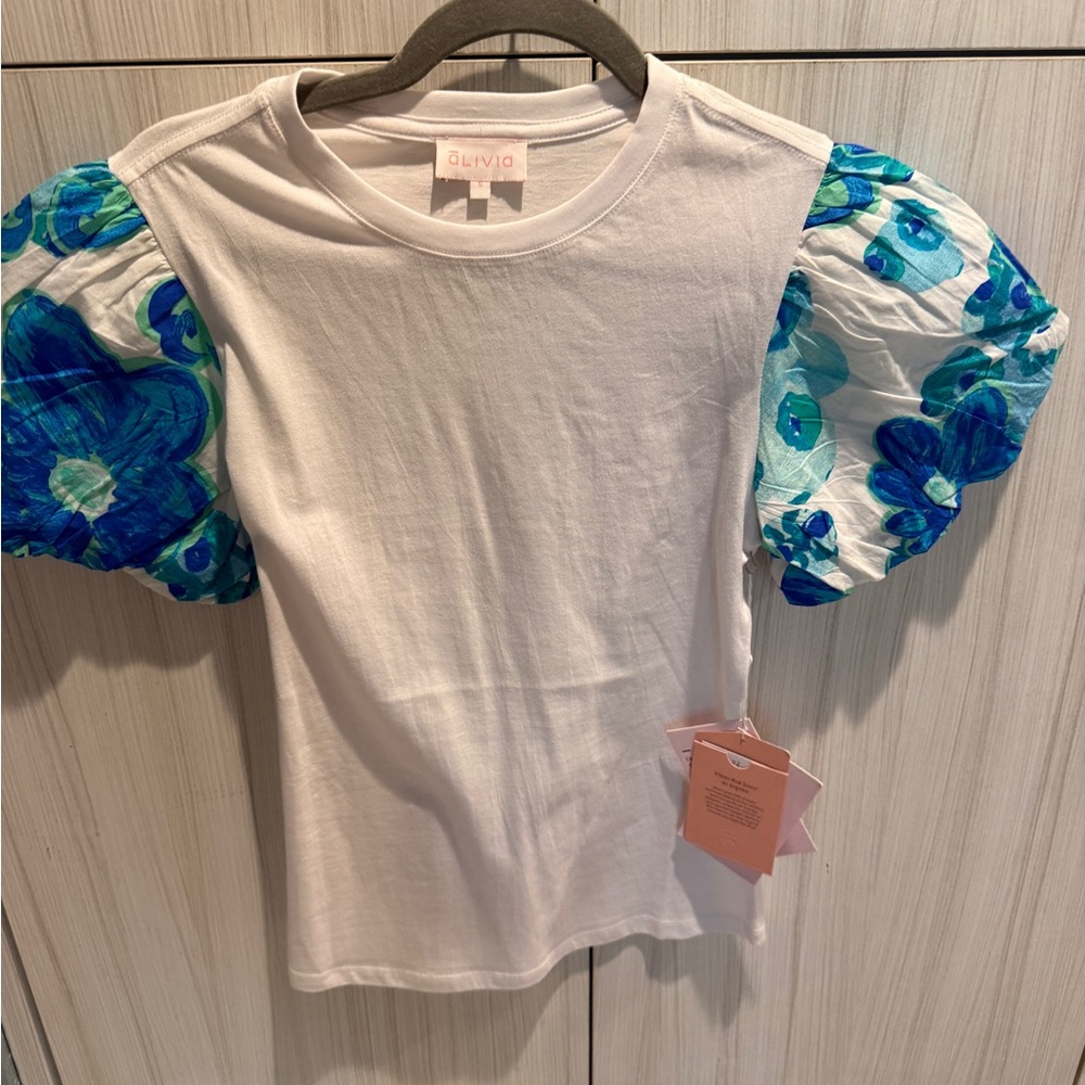 Alivia Simone White Tee with Blue Floral Sleeves